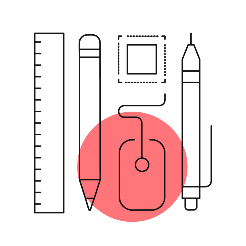 Illustration of: measuring ruler, pencil, computer mouse, and a pen.