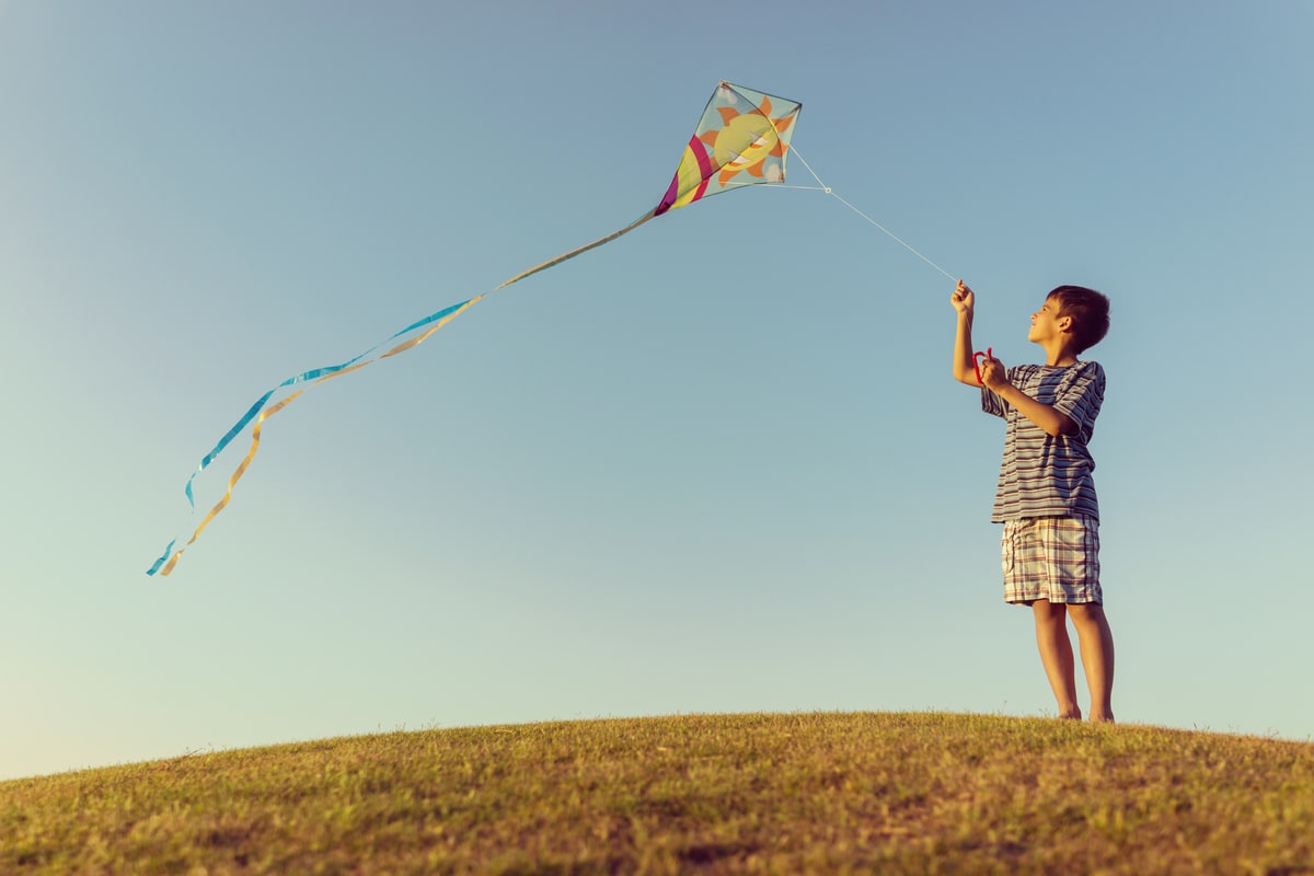 Child flying a kite on a hill. 