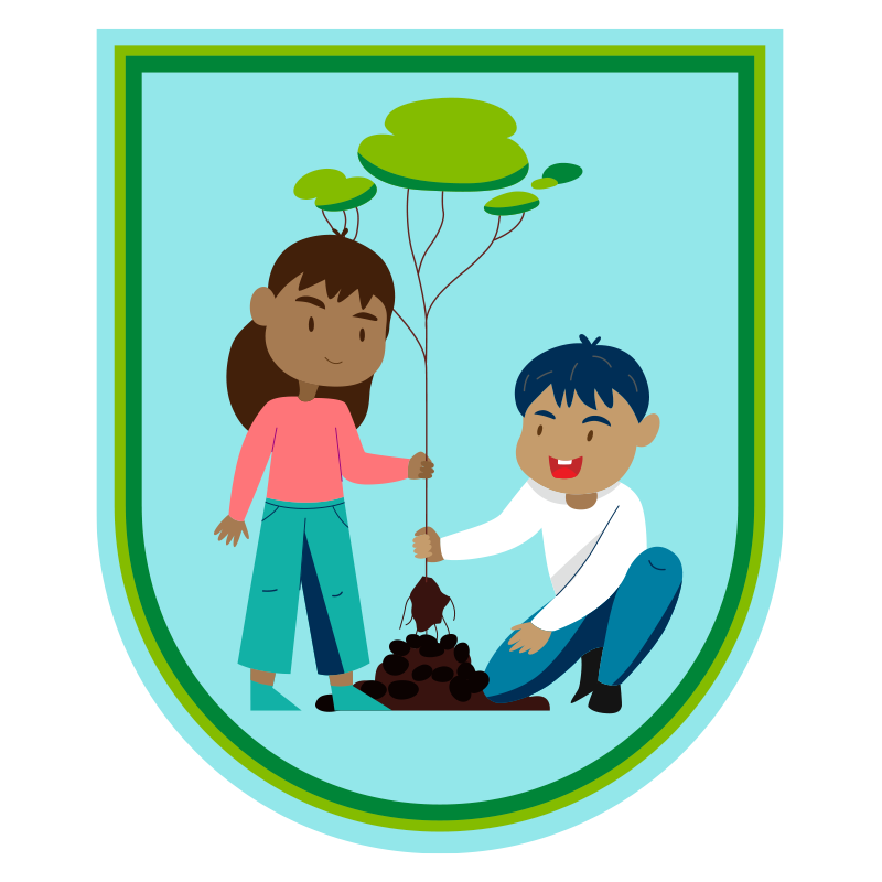Pictographic of children planting a seedling. 