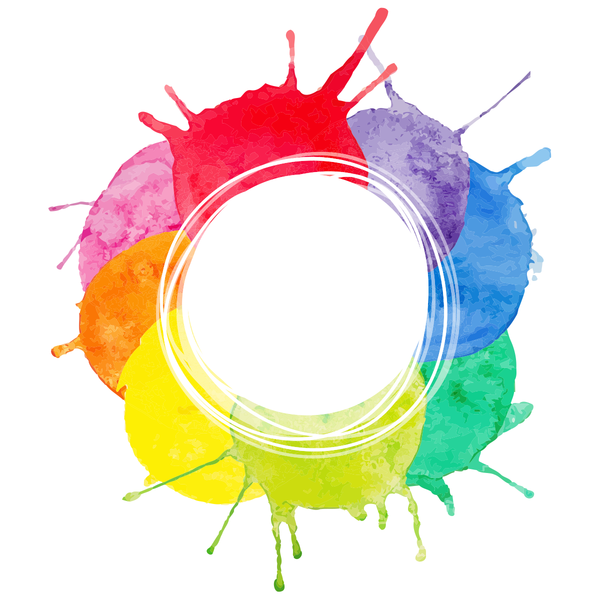 Rainbow colored paint splatter in the shape of a circle.
