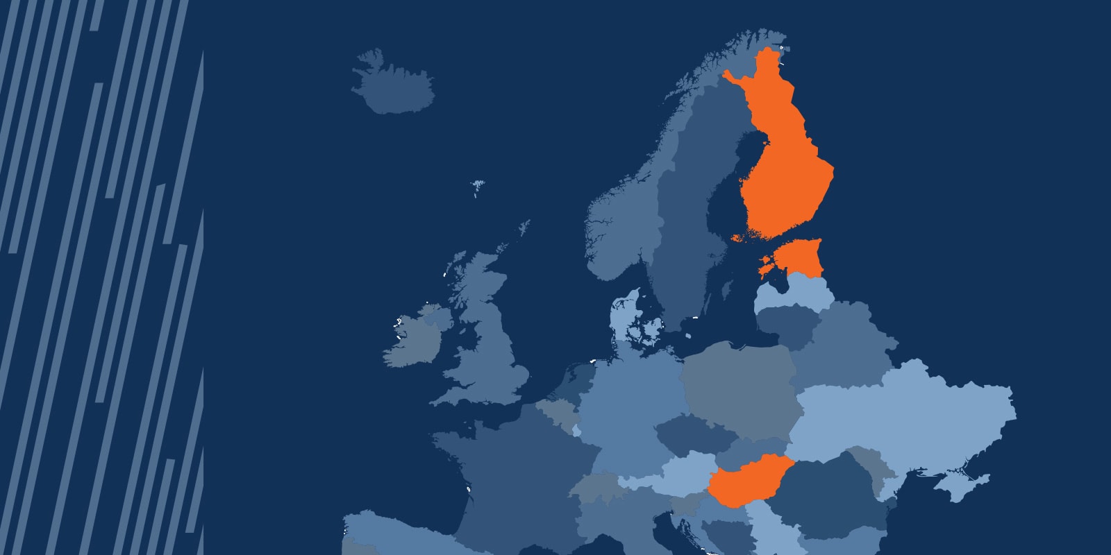 A graphic map of Europe with Estonia, Finland, and Hungary highlighted