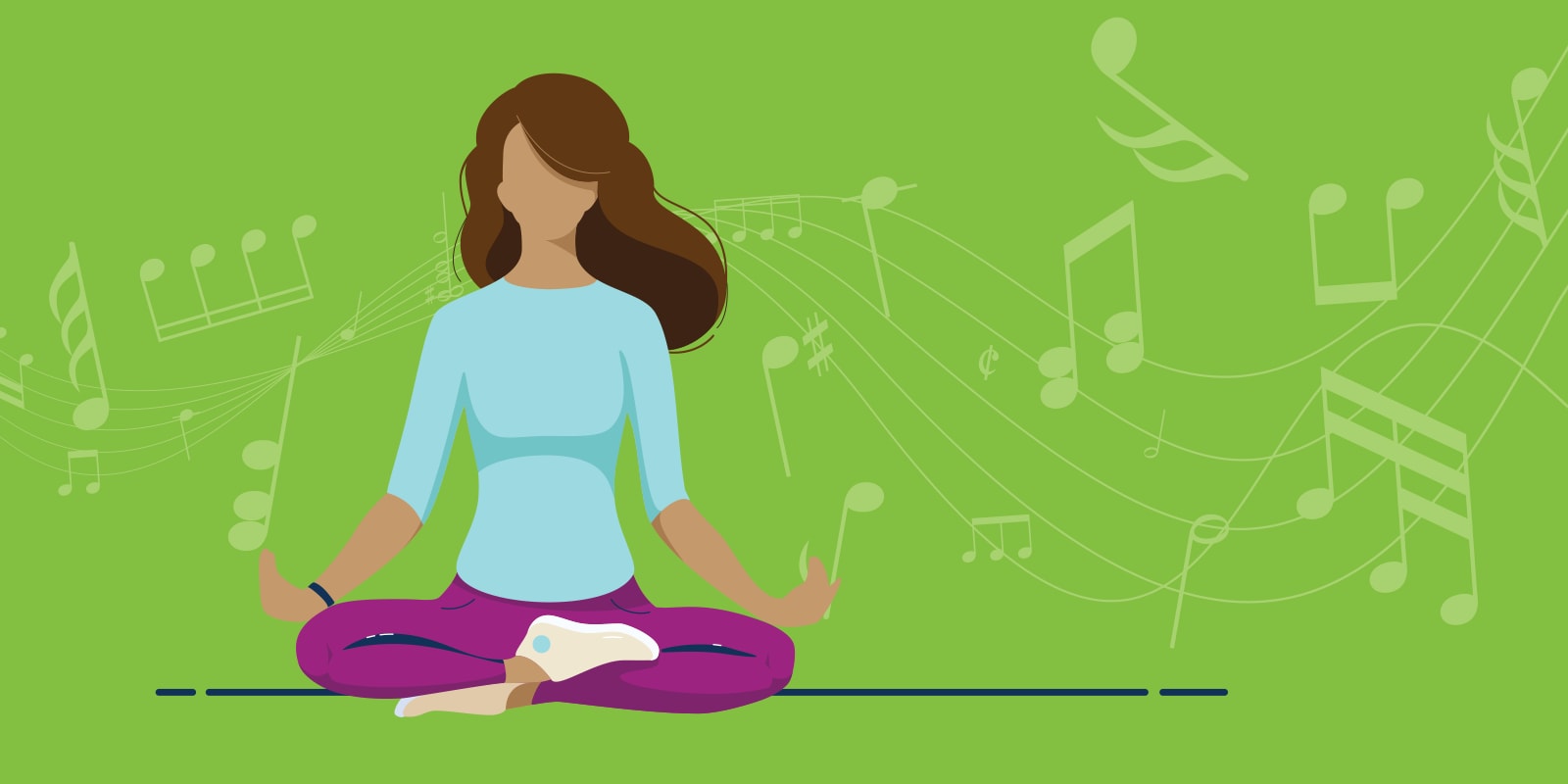 Person in a zen pose with musical notes around