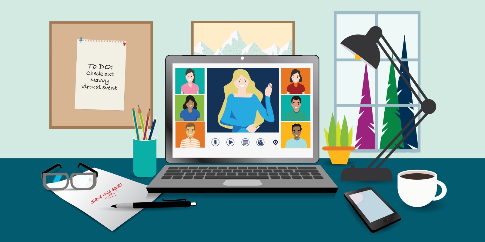 Illustration of office workspace with bulletin board and window in the background.