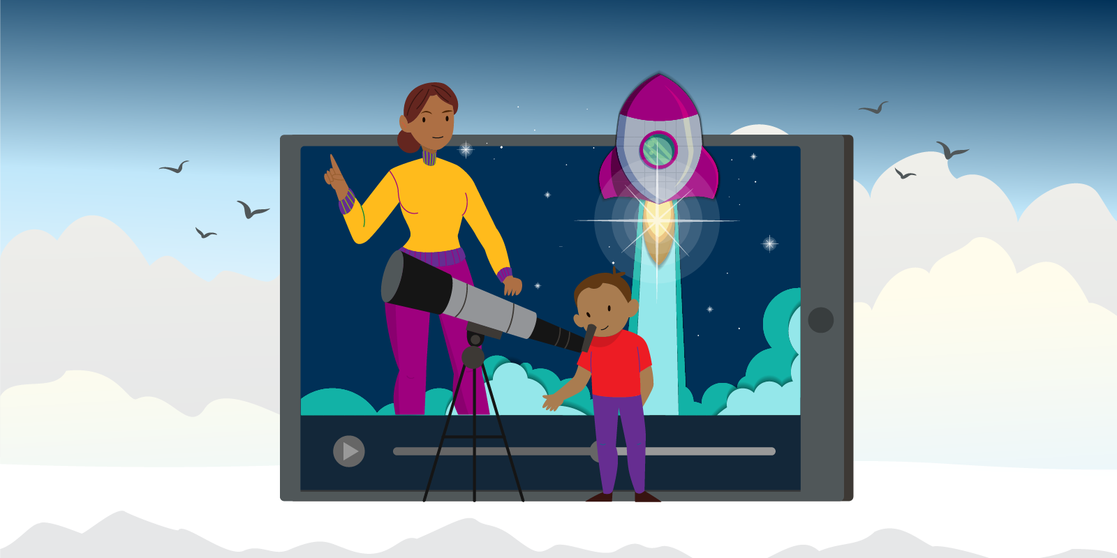 Illustration: Tablet background with teacher, rocket, and student looking through telescope in foreground