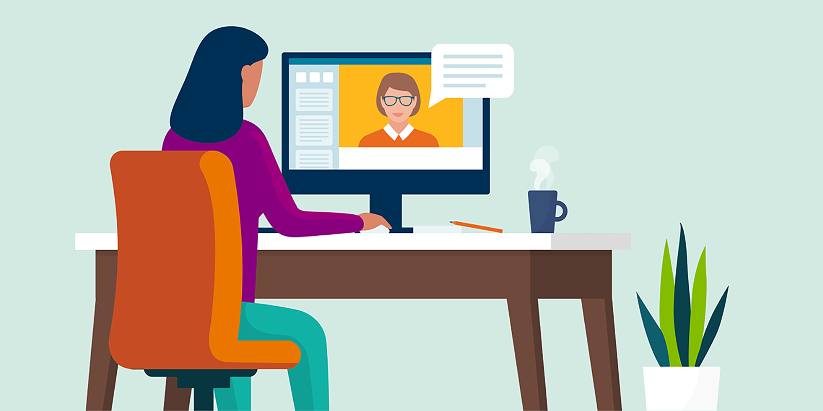 Person sitting at desk in live meeting on computer screen.