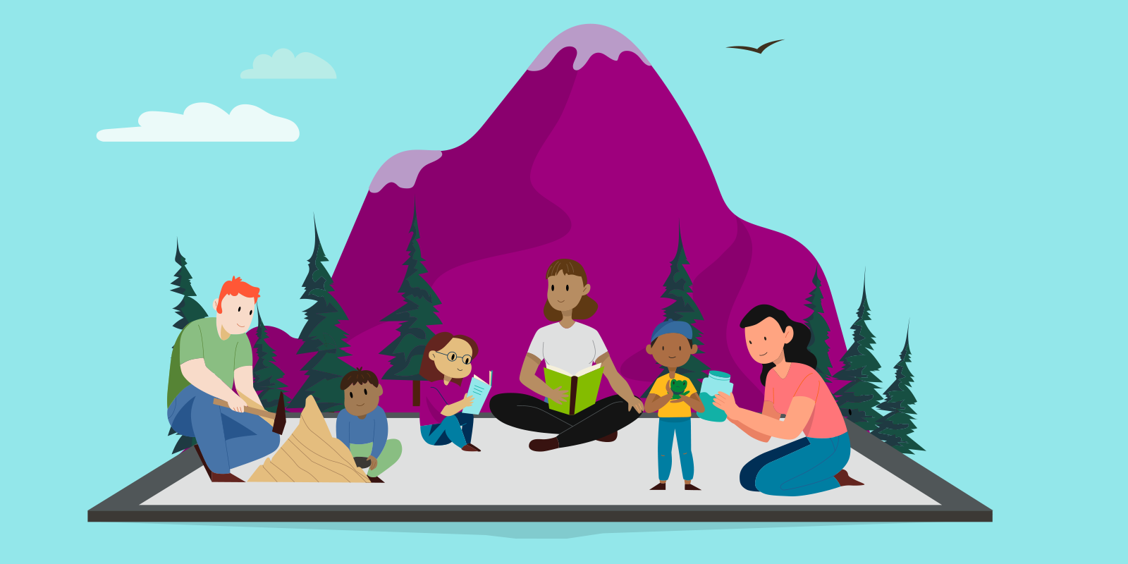 Illustration of a family camping near a mountain