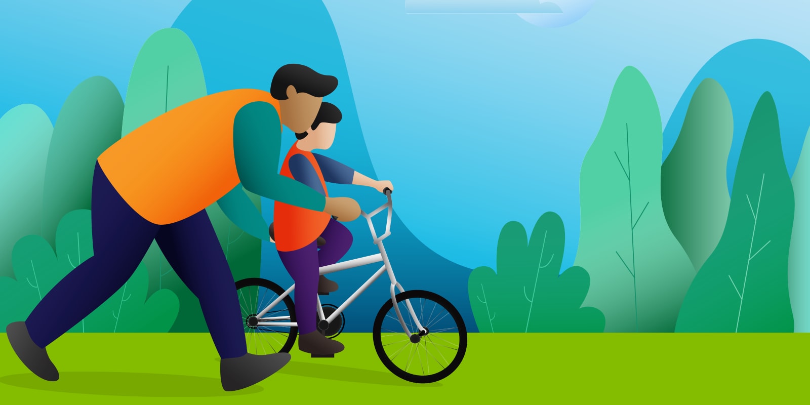 Illustration of a father helping his child ride a bike