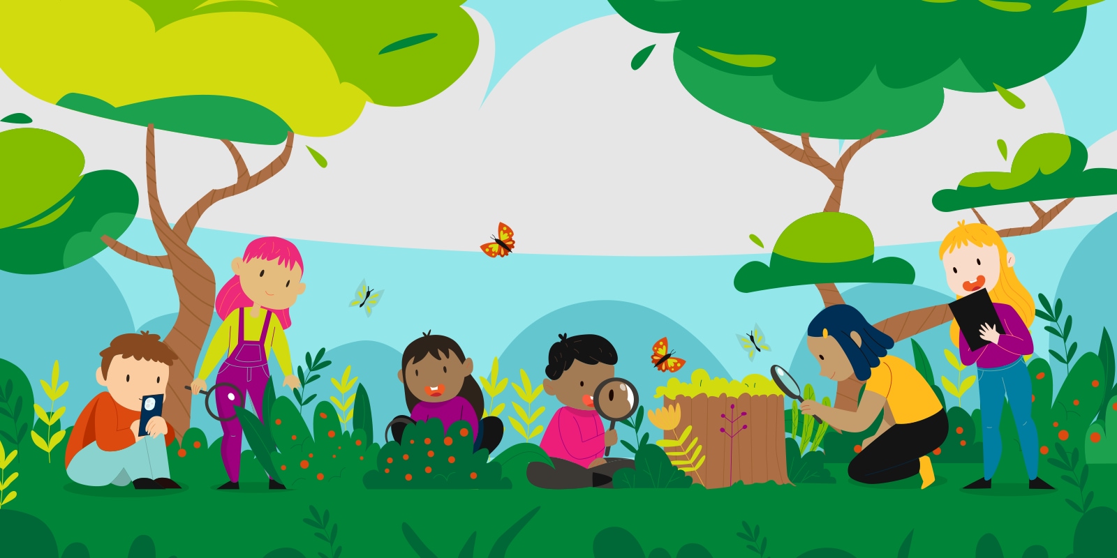 Illustration of kids and their teacher outside exploring nature