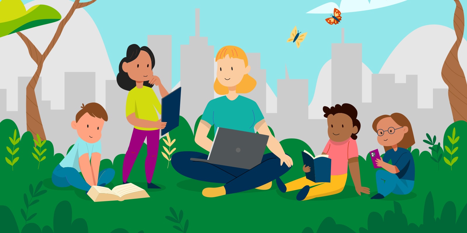 Illustration of kids and a teacher outside studying