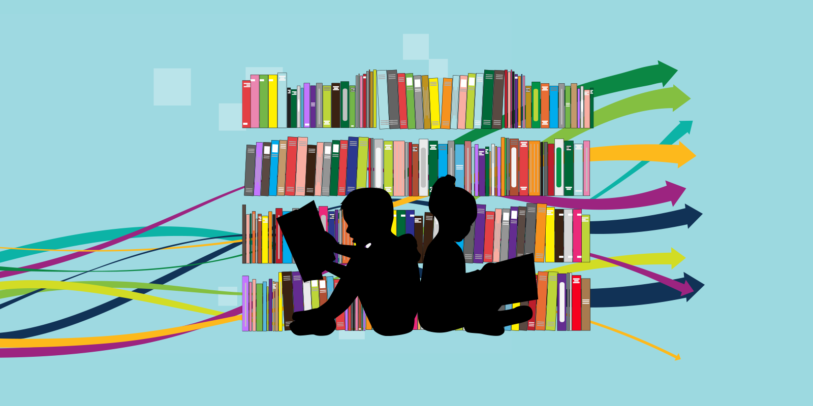 Illustration of two children reading near a stack of books
