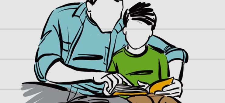 Illustration of father helping a son read a book. 